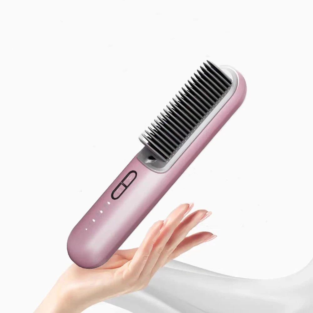 Rechargeable Hair Curler Straightener Brush - Portable Anti-Scald