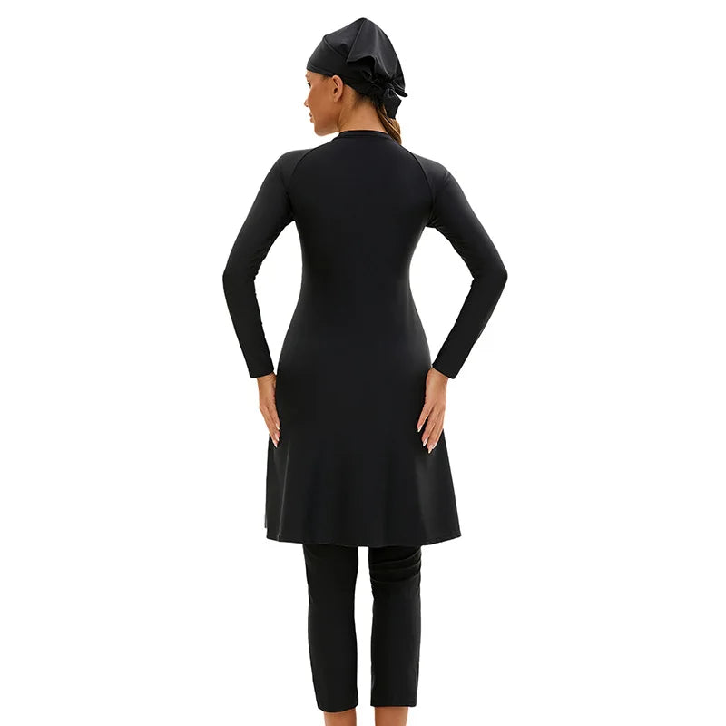 Fully Covered Swimsuits 3 Pieces Full Covered Burkini Swimwear with Swimming Cap Solid Swimwear