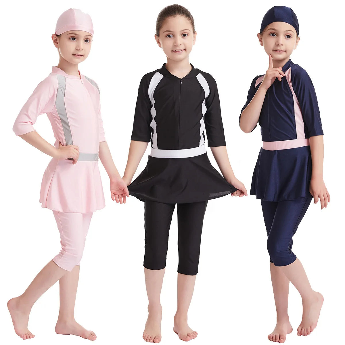New Girls Muslim Swimwear Kids Split Long Sleeve Swimsuit Beach Burkini Suit Children Bathing Swimwear Islamic Solid Swimsuit