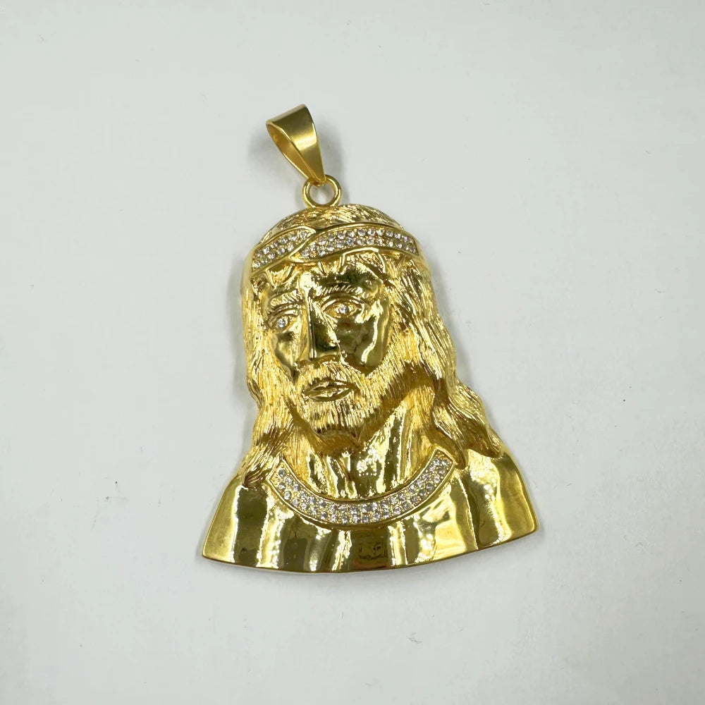 New Hip Hop Iced Out Big Jesus Head Pendant Necklaces Male Gold Color Stainless Steel Christian Necklace For Men Jewelry Gift