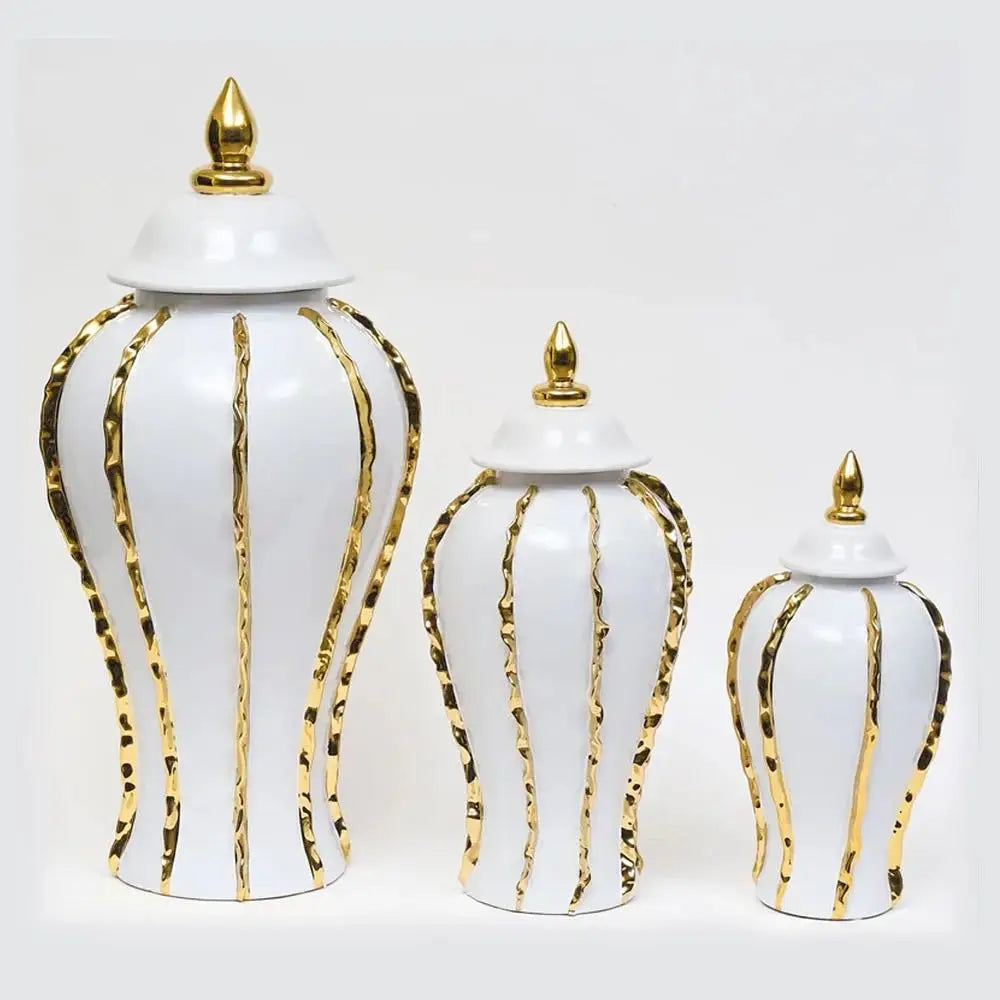 Ceramic Vase Universal Jar Ceramic Gold-plated Striped Storage Jar with Lid Tabletop Decoration Container Storage Jar