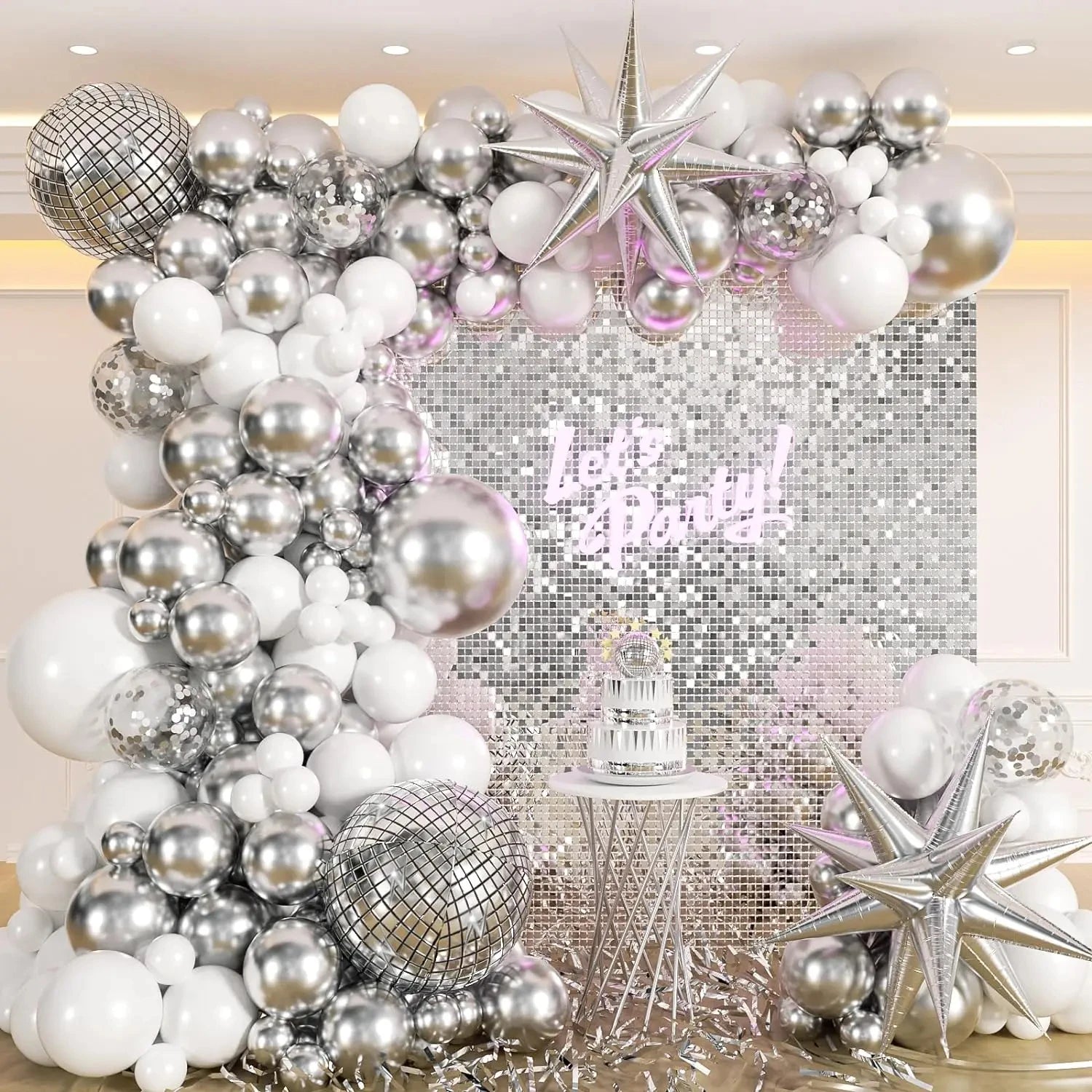 Silver White Sequin Disco Balloon Garland Arch Kit 4D Silver Starburst Foil Balloons for Birthday Party Decorations Supplie