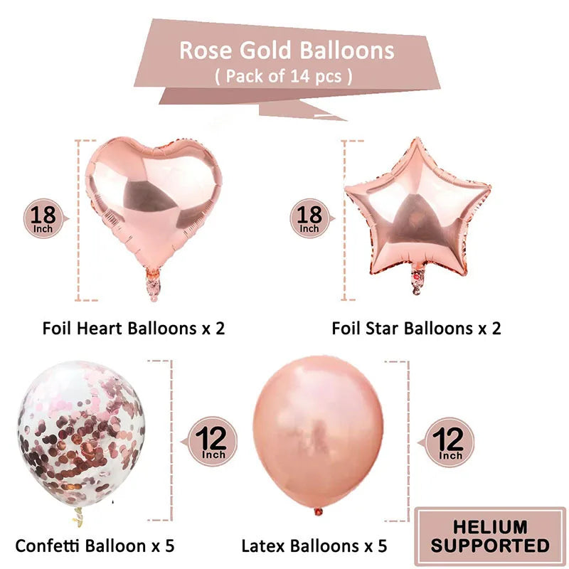 14pcs Rose Gold Mix Star Heart Confetti Latex Balloons Birthday Party Decorations Kids Adult Wedding Anniversary Globos Supplies