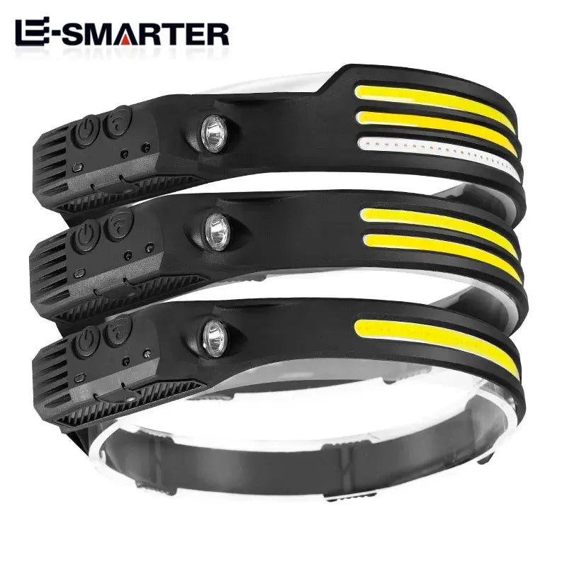 COB LED Sensor Head Lamp Induction Headlamp Built-in Battery Flashlight USB Rechargeable Head Torch 5 Lighting Modes Headlight