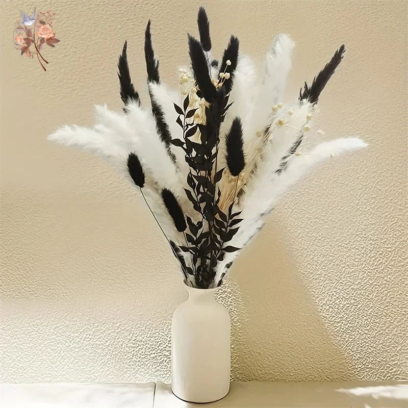 Dried Flowers Bouquet Black & White Style Fluffy Pampas - 45pcs