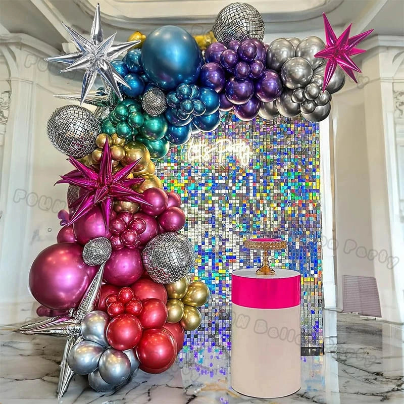 Chrome Balloons Garland Arch Kit Disco Party Decoration with Metallic Purple Green Red Hot Pink Blue and Foil Disco Ball Balloon