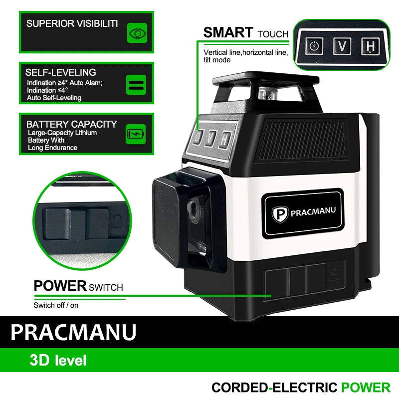 Pracmanu Mini Laser Level 12 Lines 3D level Self-Leveling 360° Horizontal and Vertical Cross Green Laser Beam Lines