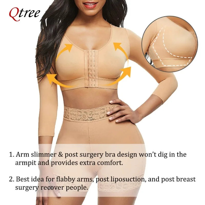 Women Arm Shapers Soft Intimates Daily Underwear Body Shaper Long Sleeves Front Entry Push Up Wire-Free Sports Bra with Hooks