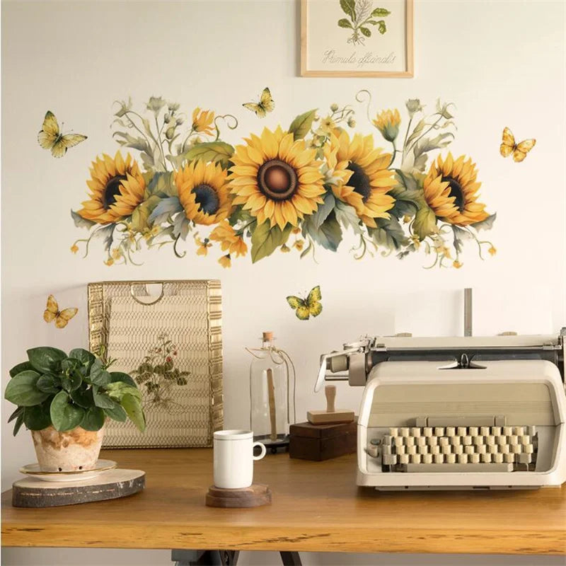 Sunflower Wall Decal Self-adhesive Sunflower Wall Sticker Removable Flower Mural DIY Wall Art Decor for Nursery Bedroom Kitchen