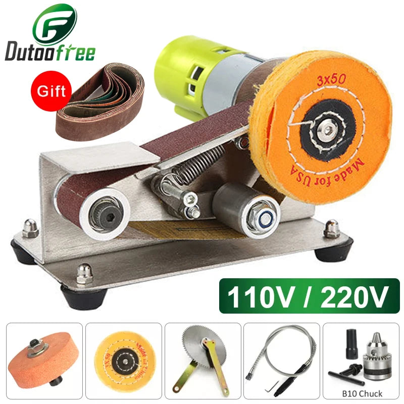 Multifunctional Mini Electric Belt Sander DIY Cutter Edges Sharpener  Adjustable Speed Polisher Machine 10PCS Belt 110V/220V
