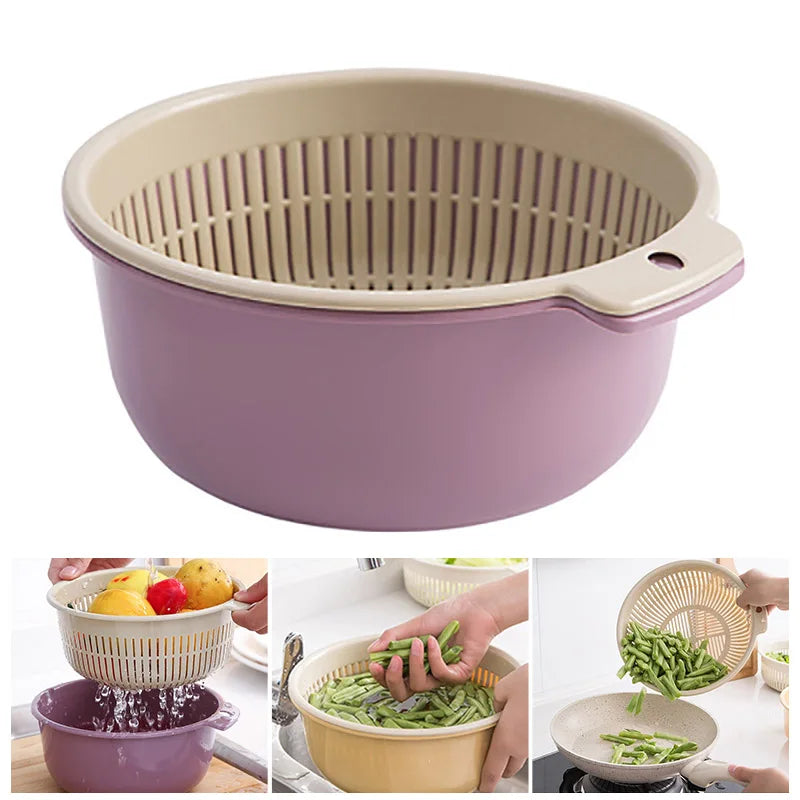 Double Layered Drain Basket - Vegetable Fruit Cleaning Colander