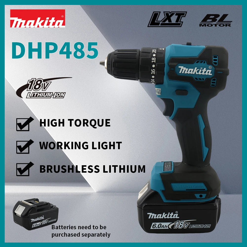 Makita DHP485 18V Brushless Compact Drill 1800RPM High Speed Impact Screwdriver 10mm Diameter Woodworking Drilling Tool