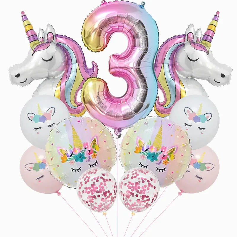Rainbow Unicorn 32 inch Number Foil Balloons - 11pcs