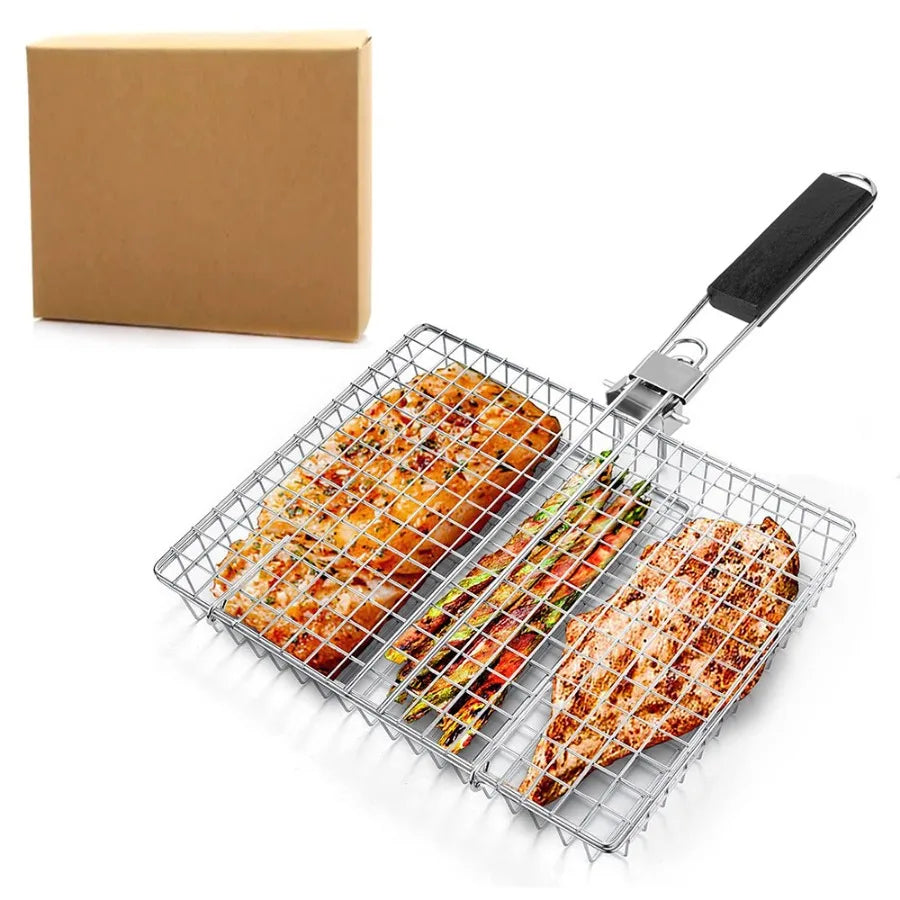 Folding handle Stainless Steel BBQ Mesh Non Stick Grilling Basket Grill Mesh Mat Meat Vegetable Steak Picnic Party Barbecue Tool