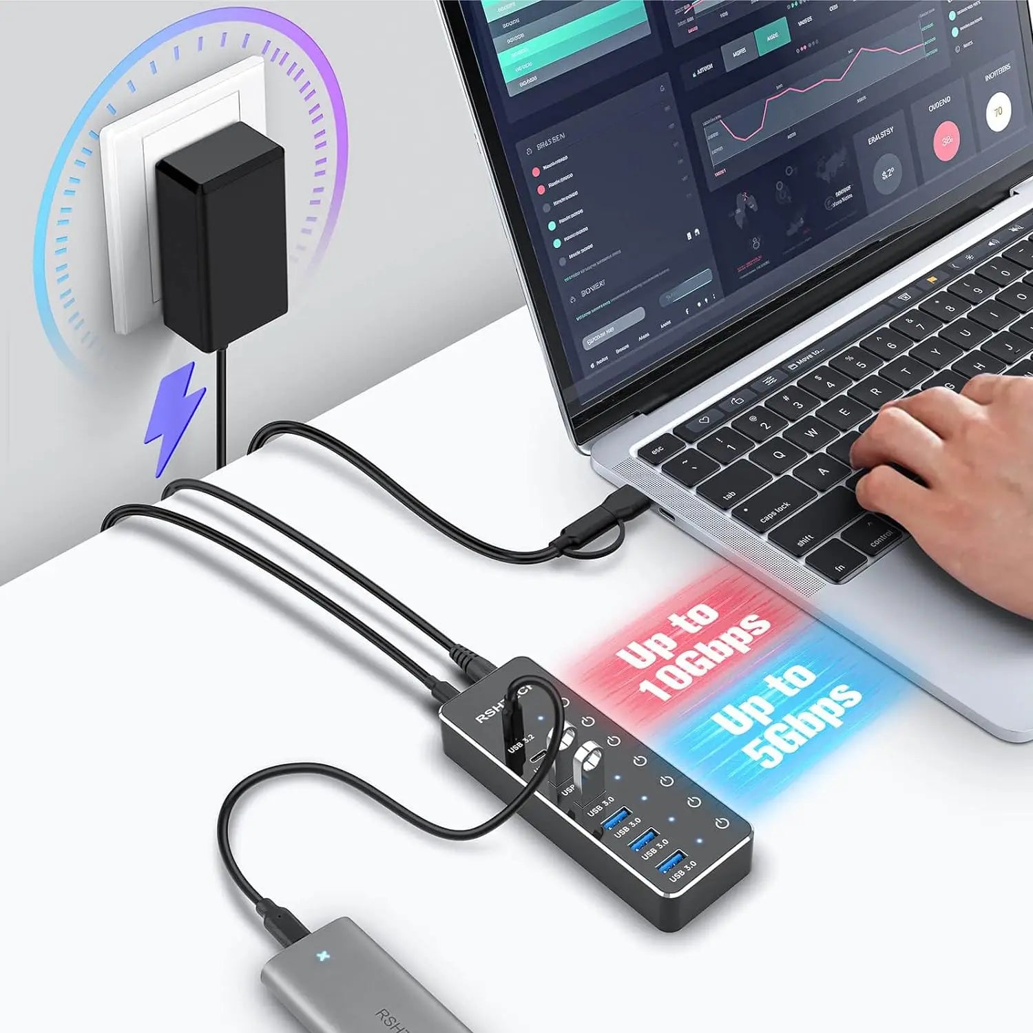 Powered USB C Hub with 10Gbps Ports - Individual Touch Switches