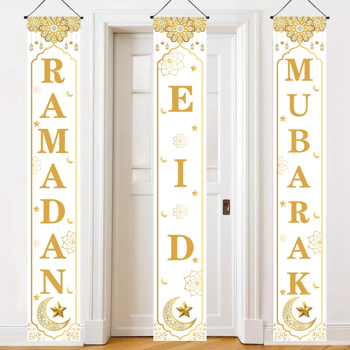 3pcs Eid Mubarak Door Hanging Banner Ramadan Couplets for Garden Outdoor Hanging Ornaments Ramadan Kareem Islamic 2025 Decor