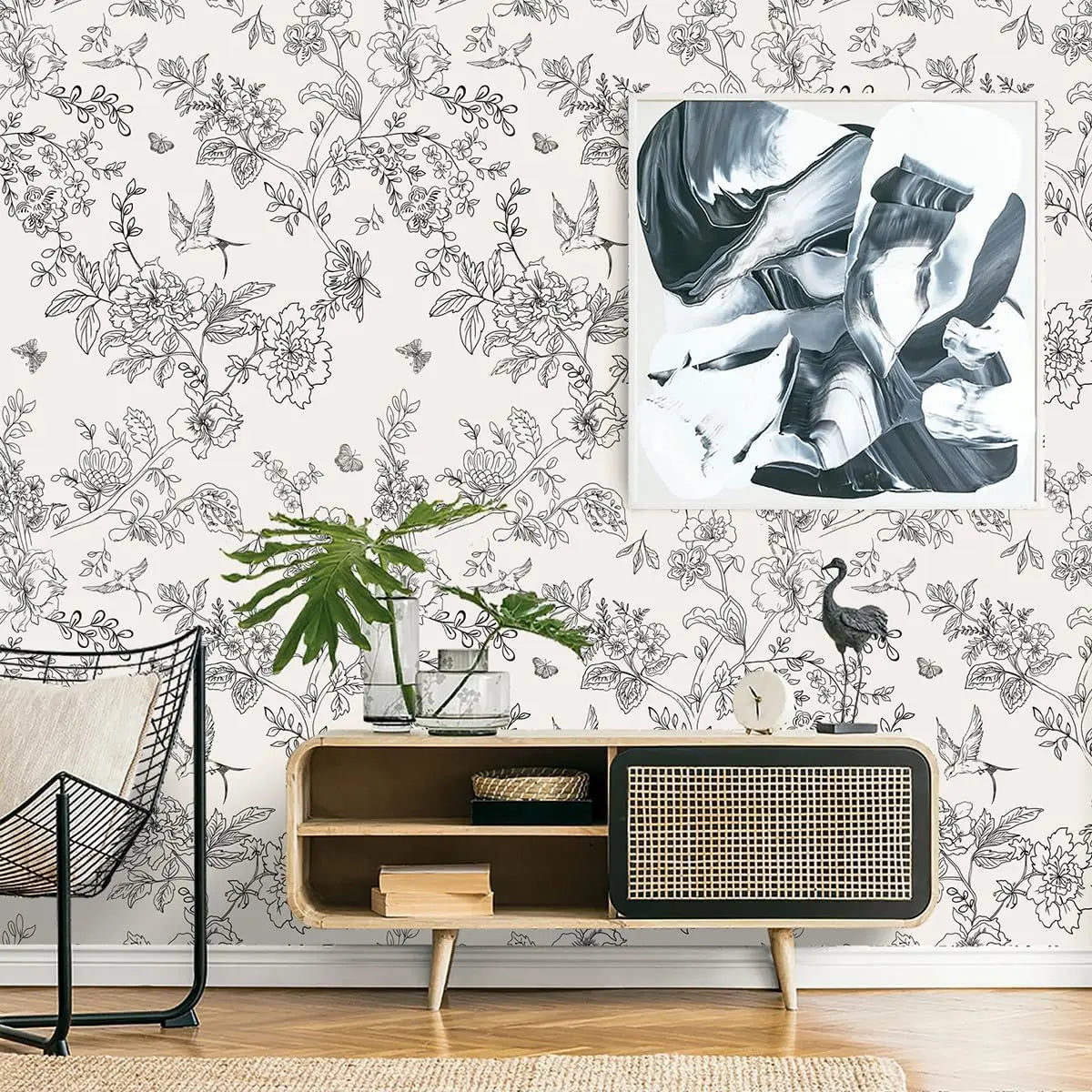 Black and White Floral Wallpaper Peel and Stick Wallpaper Floral Contact Paper Flowers Birds Removable Self Adhesive Wallpaper