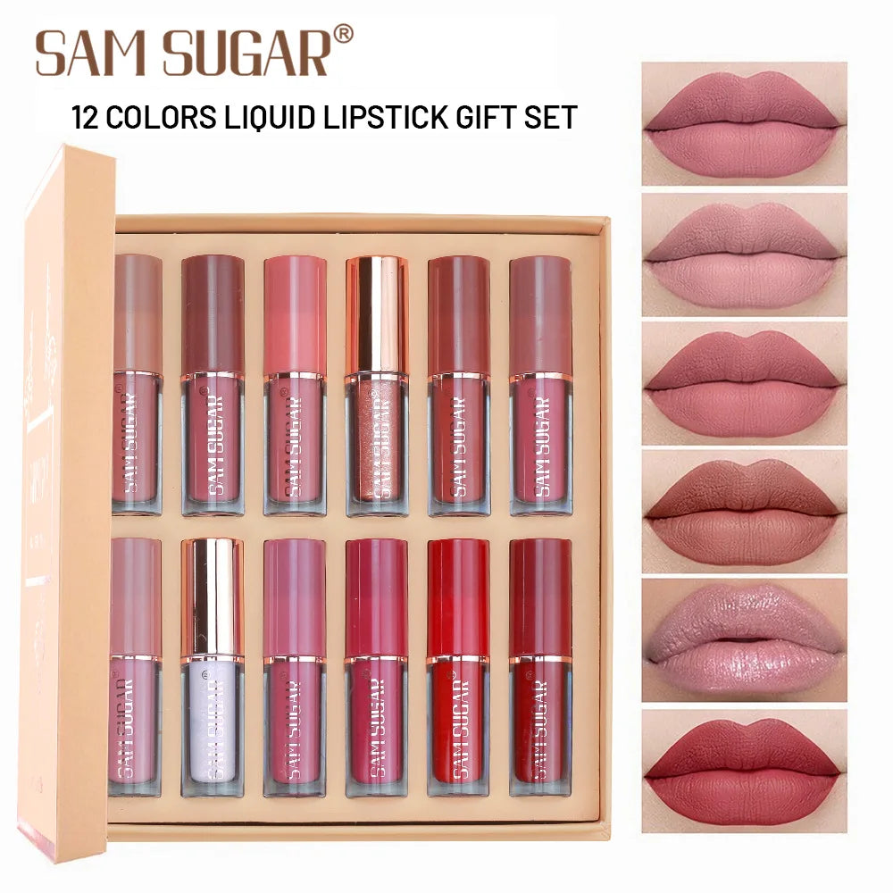SAM SUGAR 12pcs/set muticolor Book Lip Gloss Set Matte Velvet Non-stick Cup longlasting waterproof easy color Lip gloss lipstick