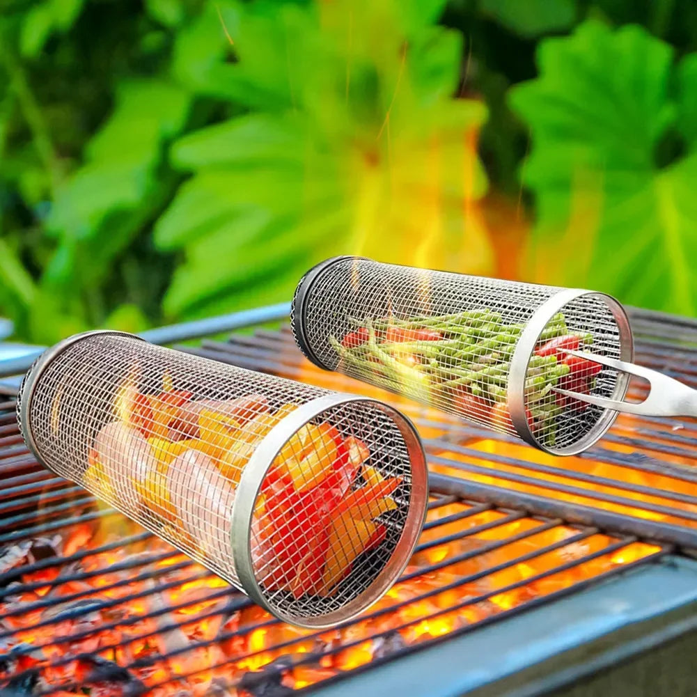 Rolling Bbq Basket - Round Stainless Steel Grill Mesh