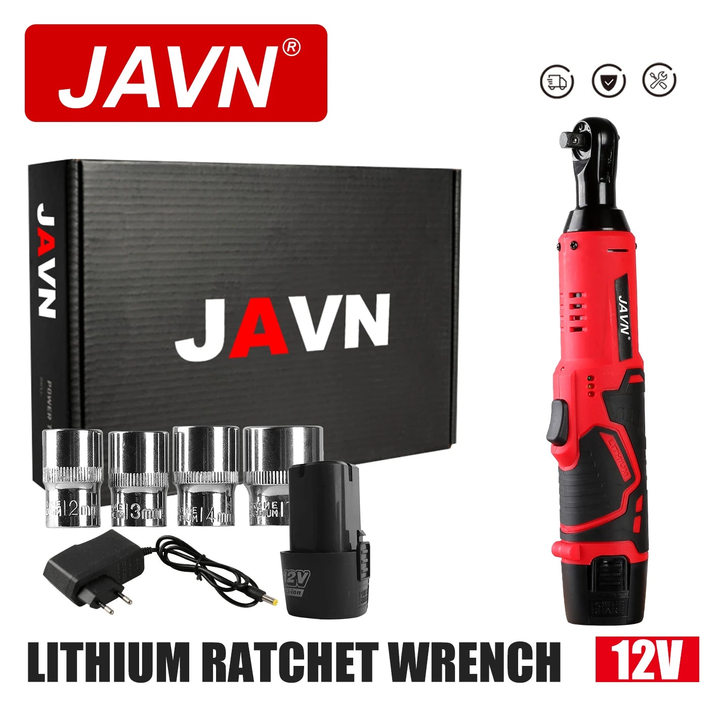 JAVN 12V Cordless Electric Wrench, 45NM 3/8'' Ratchet Wrench, Removal Screw Nut ,Car Repair Tools, Right Angle Wrench, Powe