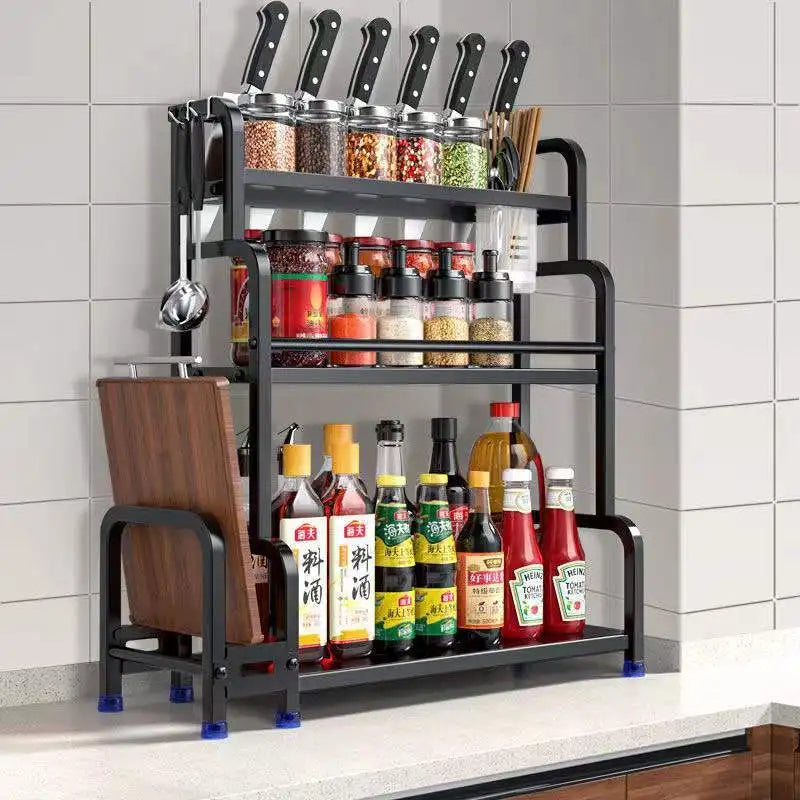 Kitchen Storage Shelf - Seasoning Jar Rack - Chopsticks Knife Organizer