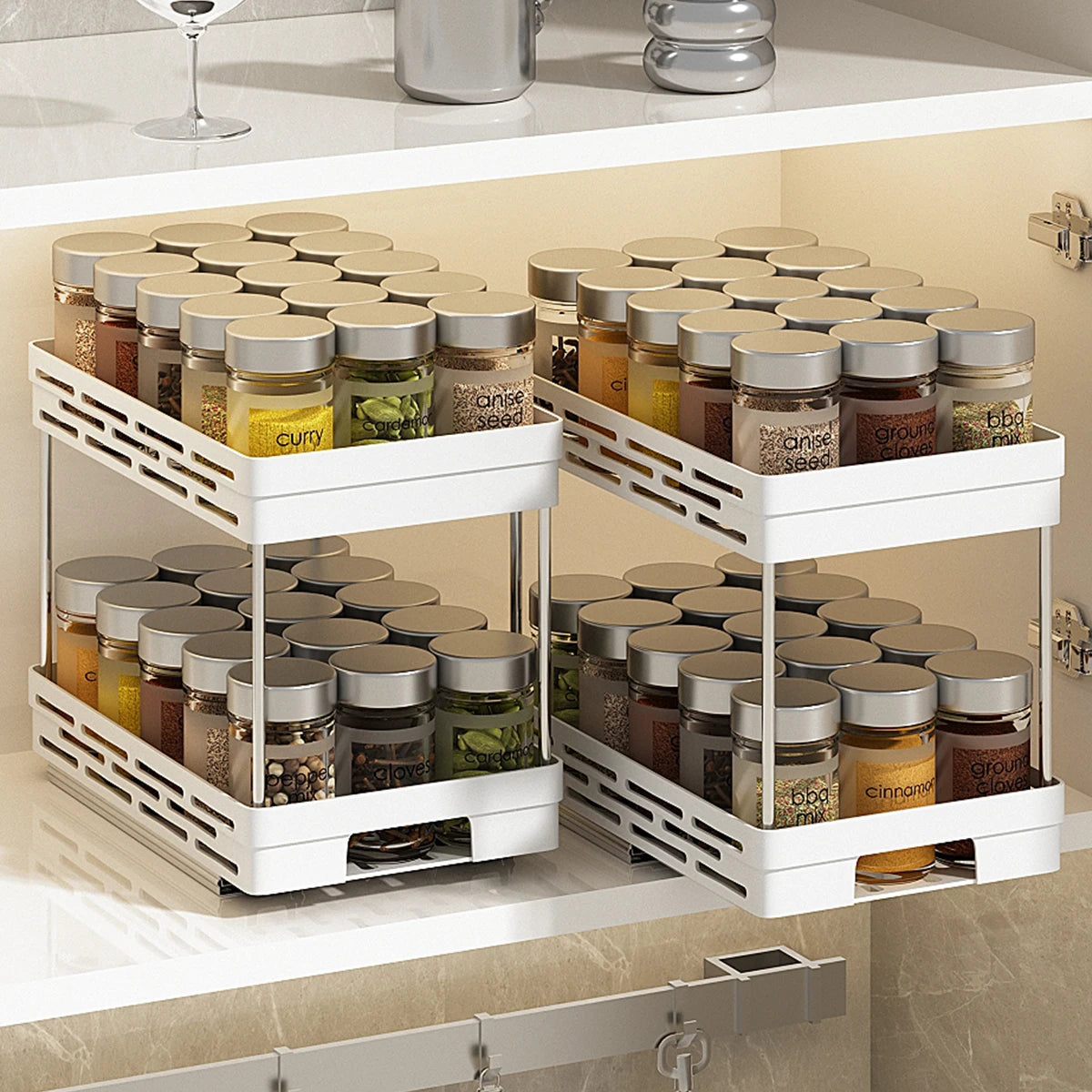 Double Layer Pull-Out Seasoning Bottle Spice Rack - Multifunctional Drawer Cabinet