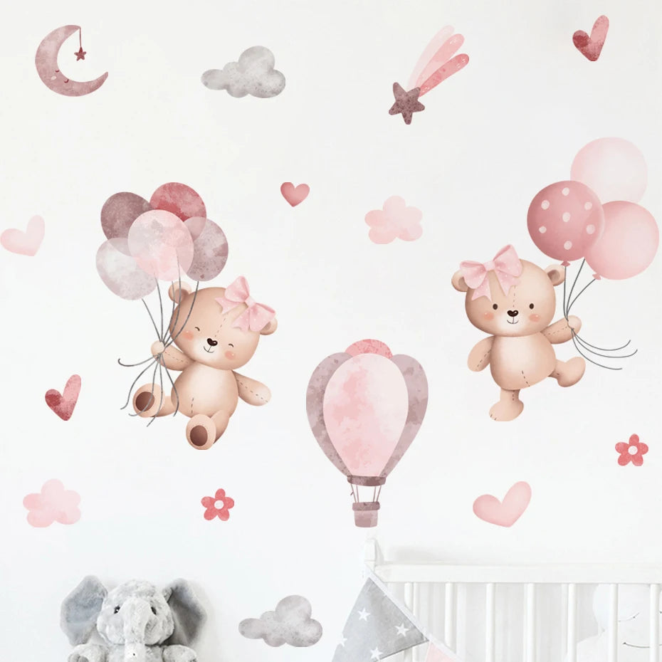 Pink Cartoon Bear Balloon Wall Stickers for Kids Room Decoration Baby Girls Baby Boys Room Wall Decals Kindergarten Nursery Room