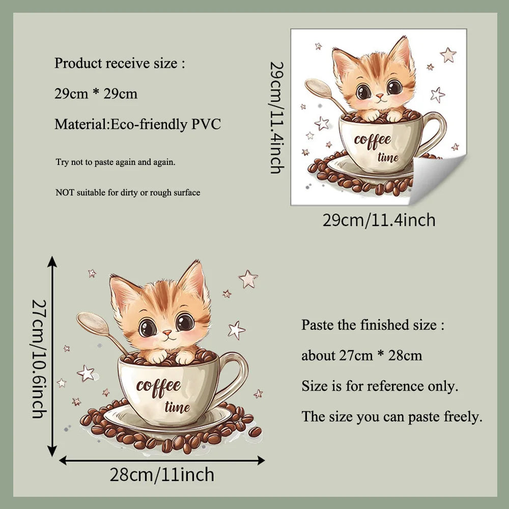 Cartoon Coffee Cup Cat Wall Sticker Cafe Background Decoration Mural Kitchen Restaurant Beautify Home Decor Self-adhesive Decals