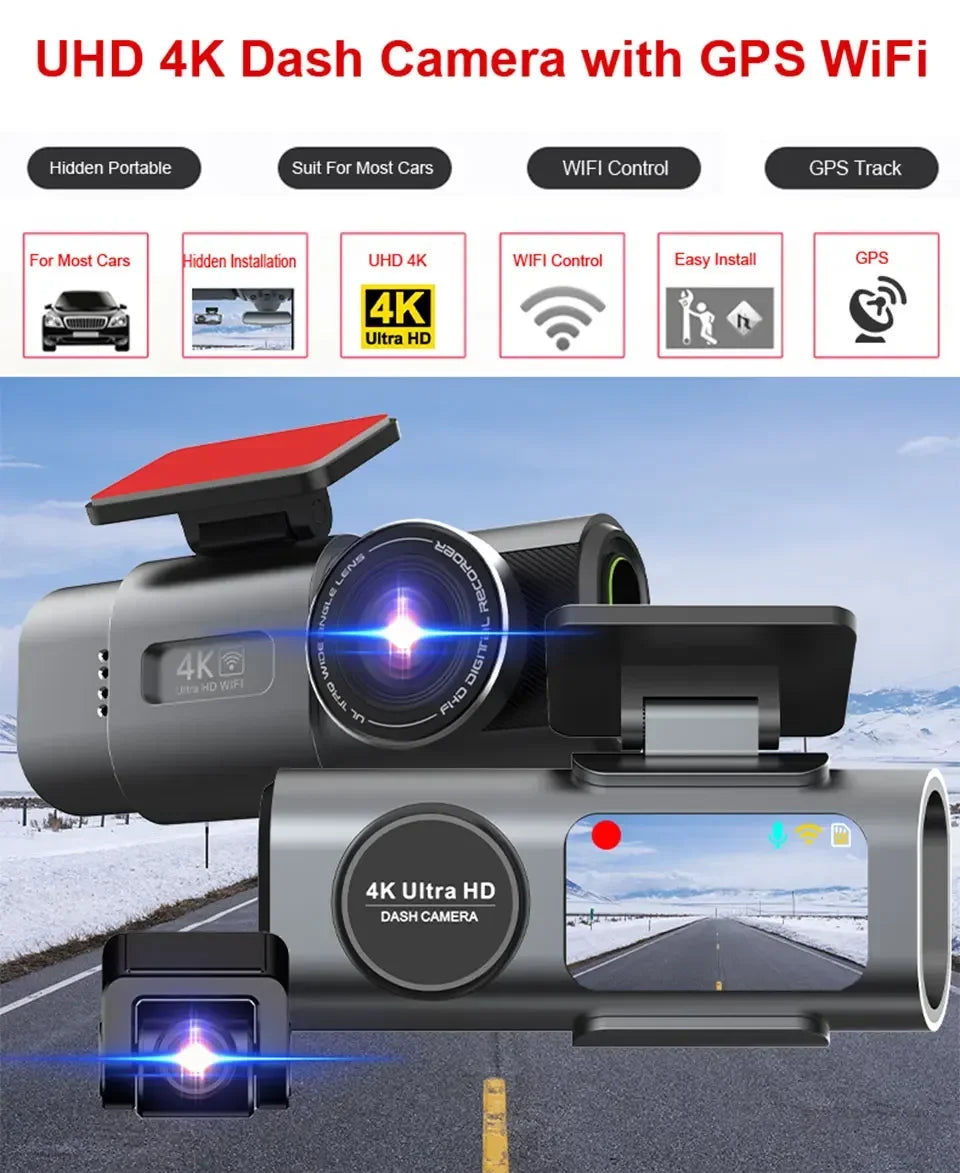Dash Cam Dual Lens - DVR Night Vision Built-In Wi-Fi Support