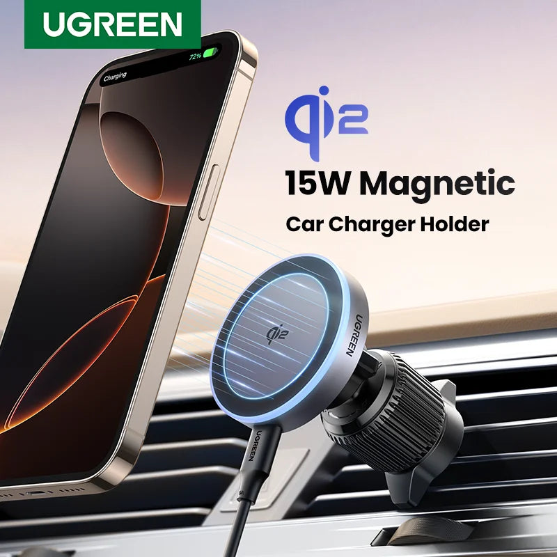 UGREEN Qi2 15W Magnetic Car Phone Holder + Wireless Charger Stand