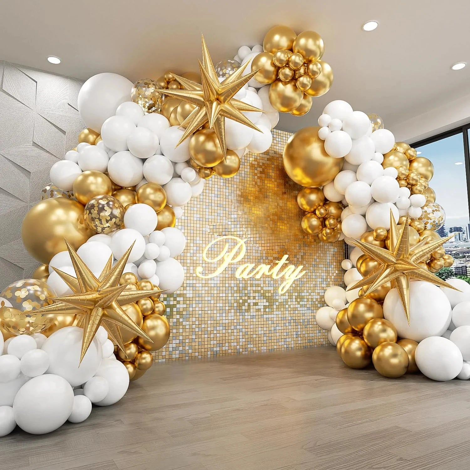 White and Gold Balloons Garland Arch Kit with Starburst Foil Balloon for Wedding Anniversary Birthday Party Decorations Supplie