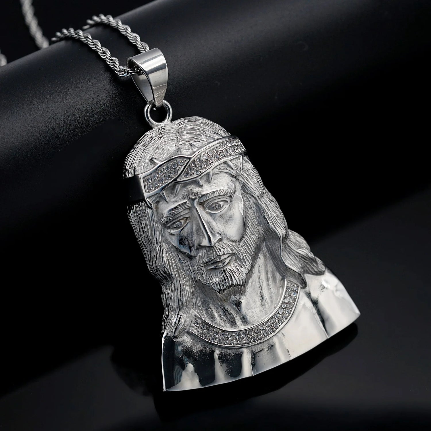New Hip Hop Iced Out Big Jesus Head Pendant Necklaces Male Gold Color Stainless Steel Christian Necklace For Men Jewelry Gift