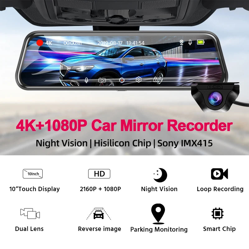 Mirror & Dash Cam - Dual Lens Car Dvr Support - WIFI GPS