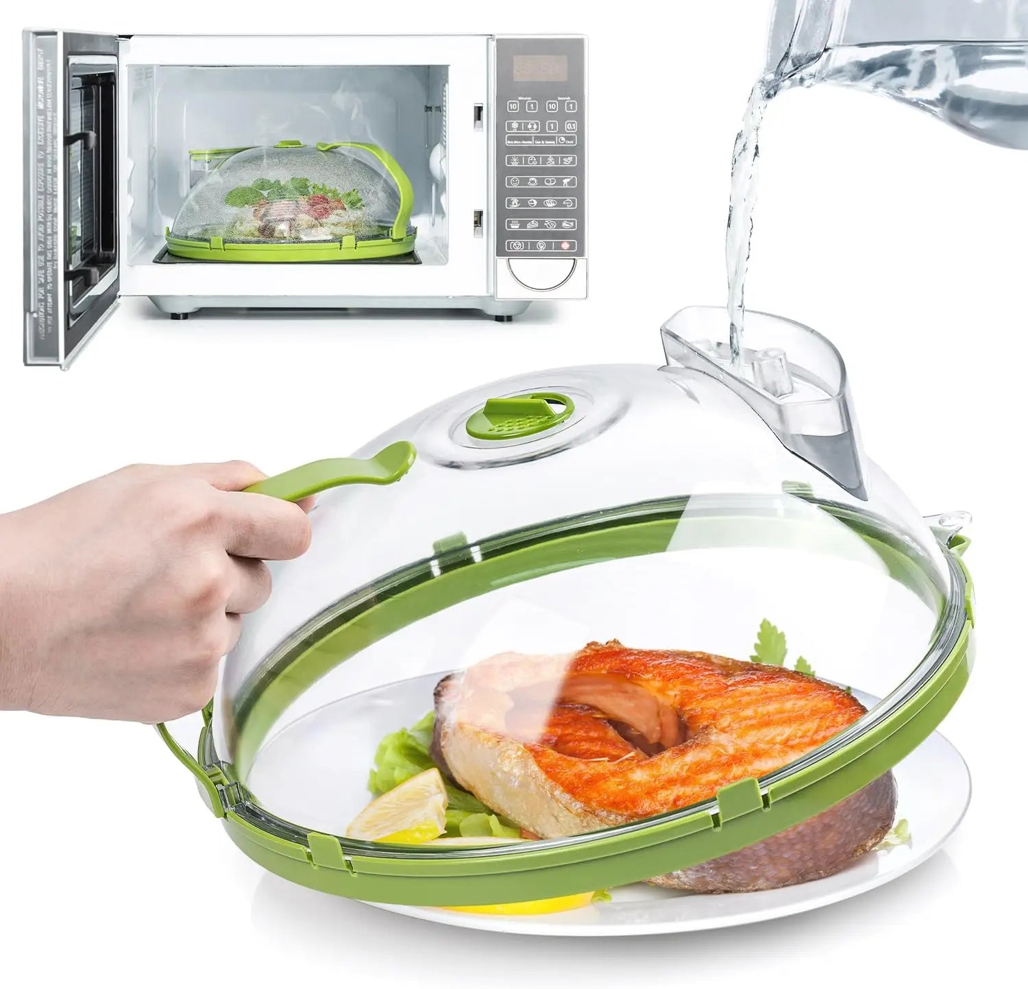 Microwave Cover for Food, Clear Splatter with Water Steamer and Handle