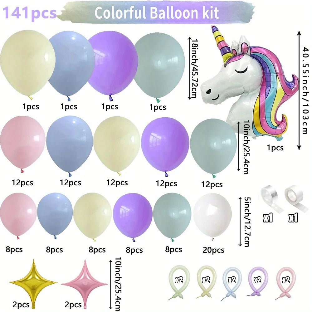 Rainbow Unicorn Colorful Candy Macaron Balloons - 141PCS