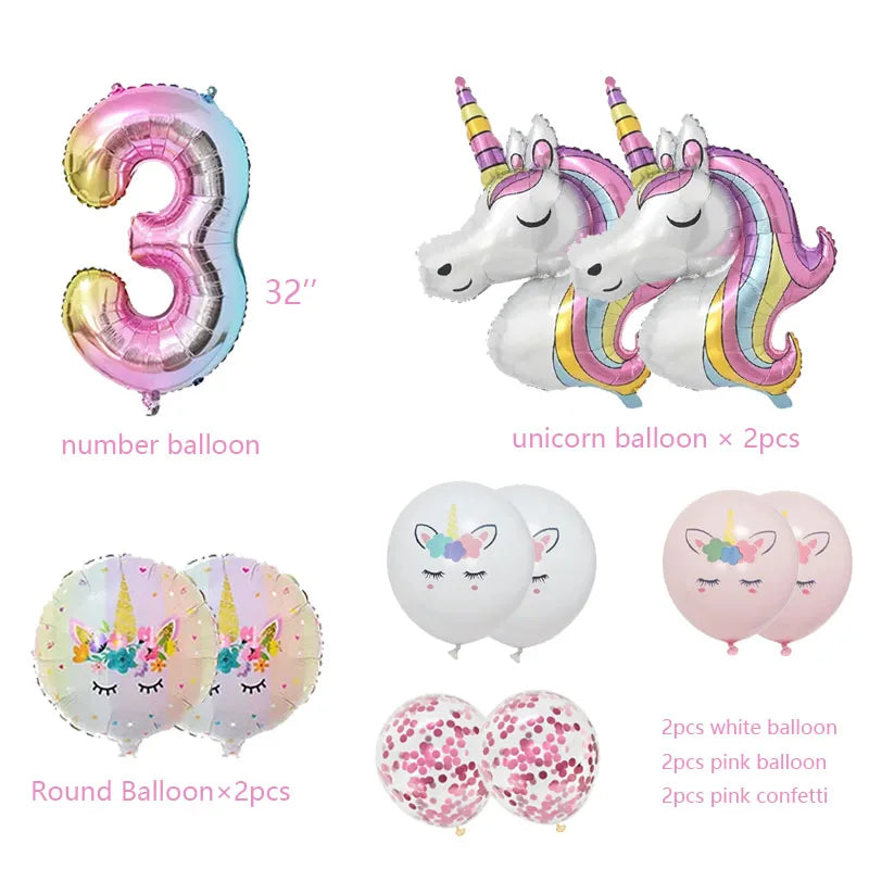 Rainbow Unicorn 32 inch Number Foil Balloons - 11pcs