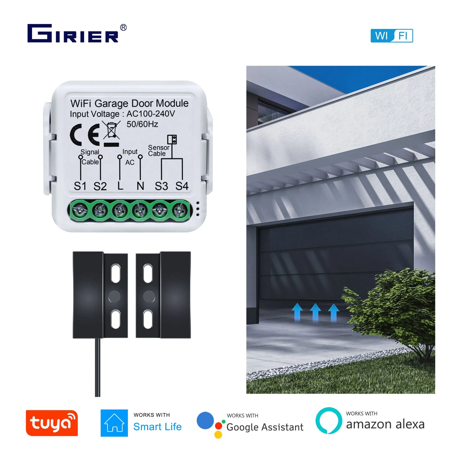 GIRIER Tuya Smart WiFi Garage Door Opener Controller Supports App Voice Remote Control Works with Alexa Google Home Assistant