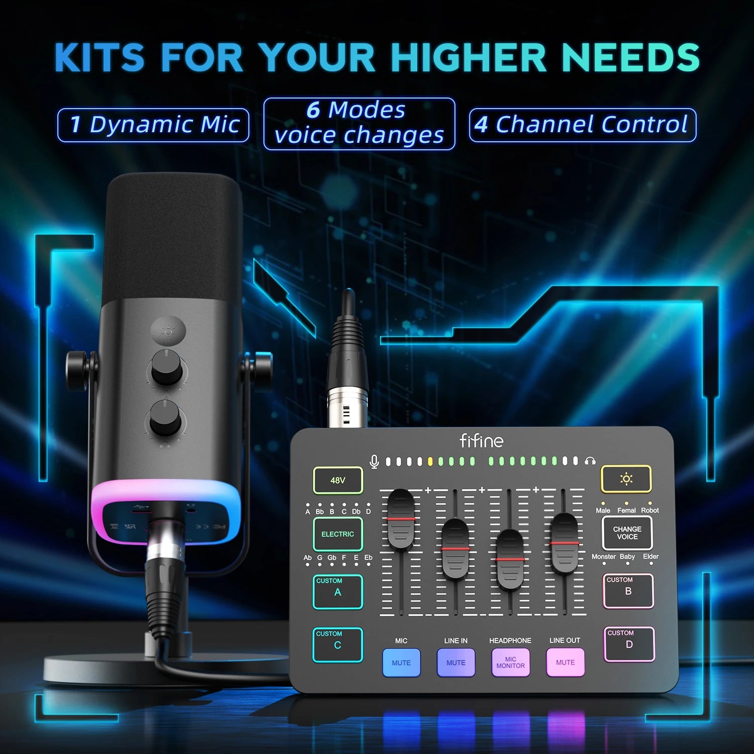 FIFINE All-in-One Podcast Kit with RGB Audio Mixer
