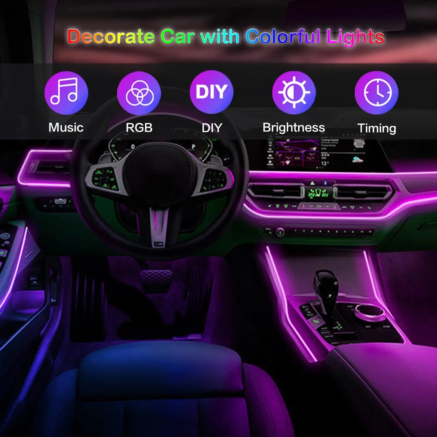 LED Car Interior Ambient Strip RGB Fiber Neon Lighting Kit