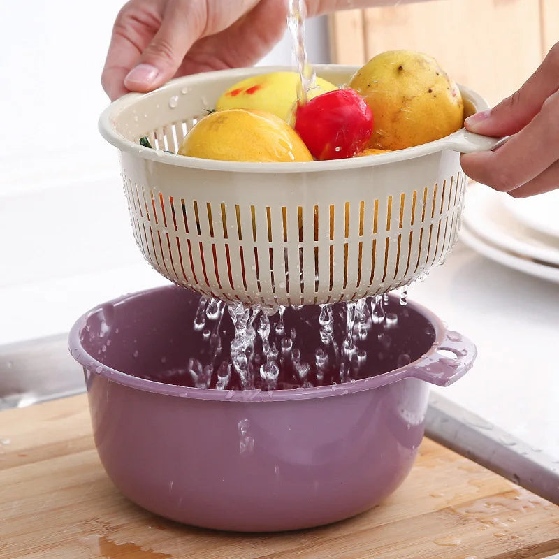 Double Layered Drain Basket - Vegetable Fruit Cleaning Colander