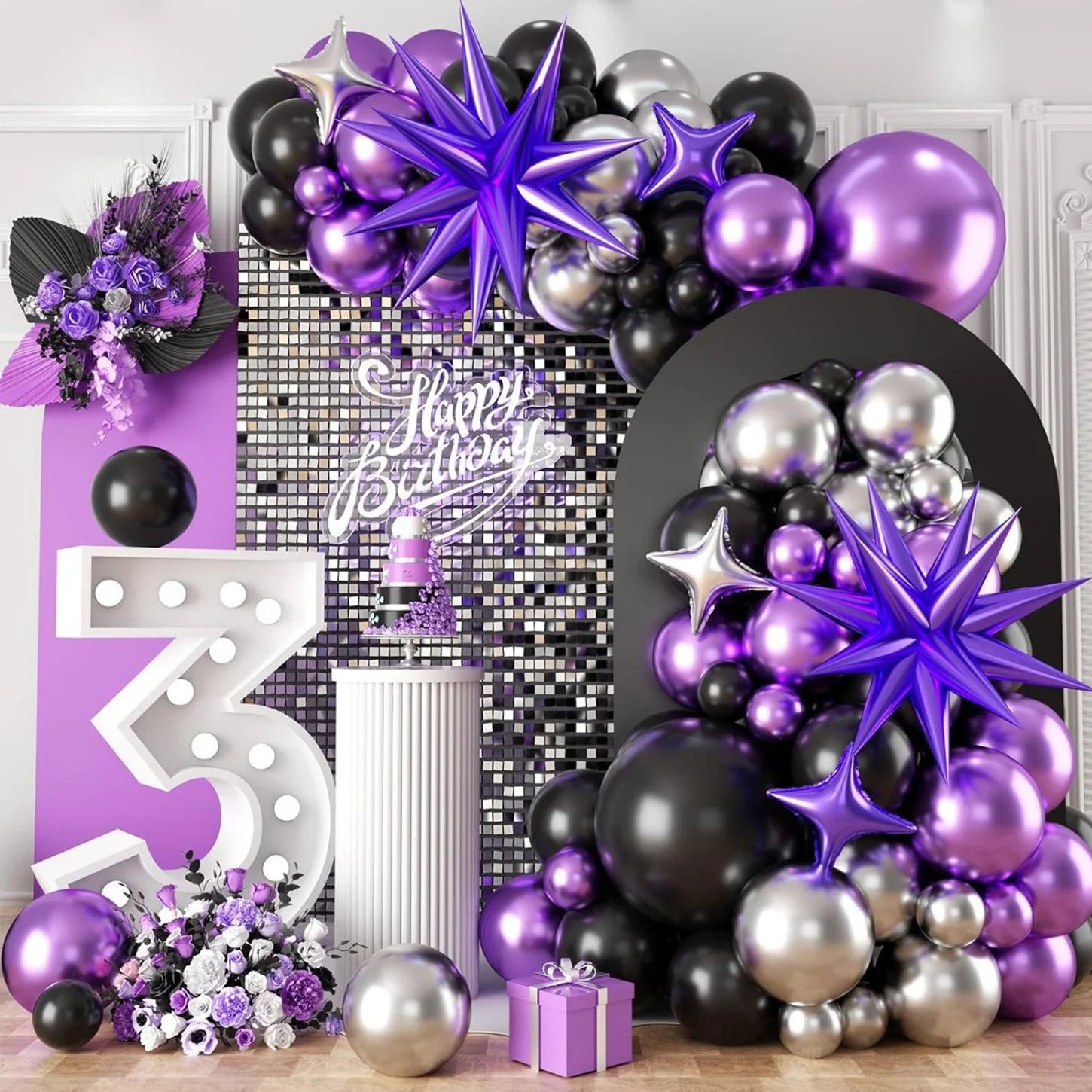 141pcs Black Purple Silver Balloon Garland for Birthday Parties,anniversaries, Bachelorette Parties, Carnivals, Home Decorations