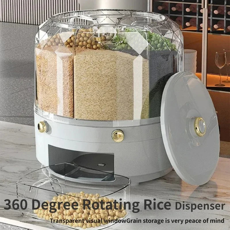 Rice Dispenser 6 Grids Sealed Grain Containers - 360 Degree Rotating
