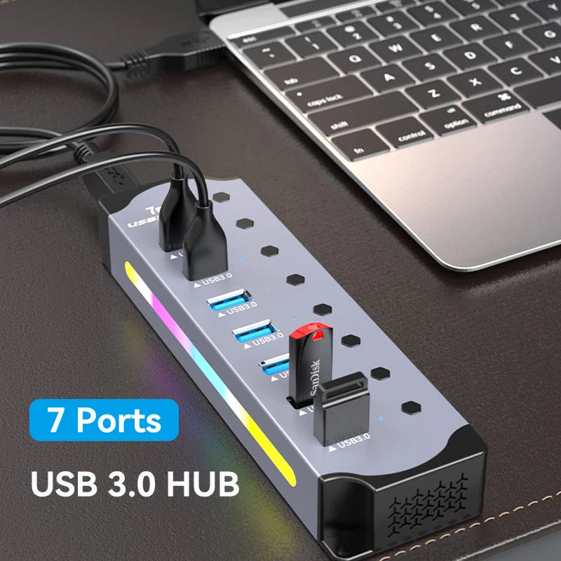 High Speed 7 Ports USB - Individual Switch Adapter Multiport Splitter