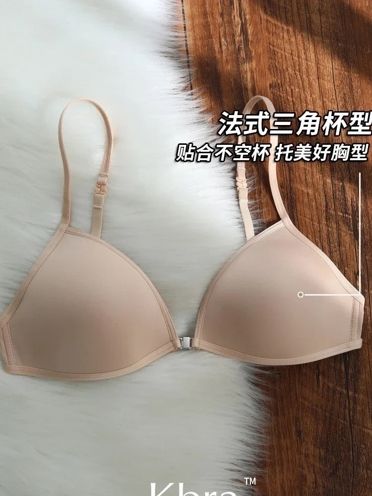 MOYISU French Triangle Cup Underwear Women's Thin Straps Beautiful Back Halter Invisible Front Buckle Bra Thin Seamless Bra
