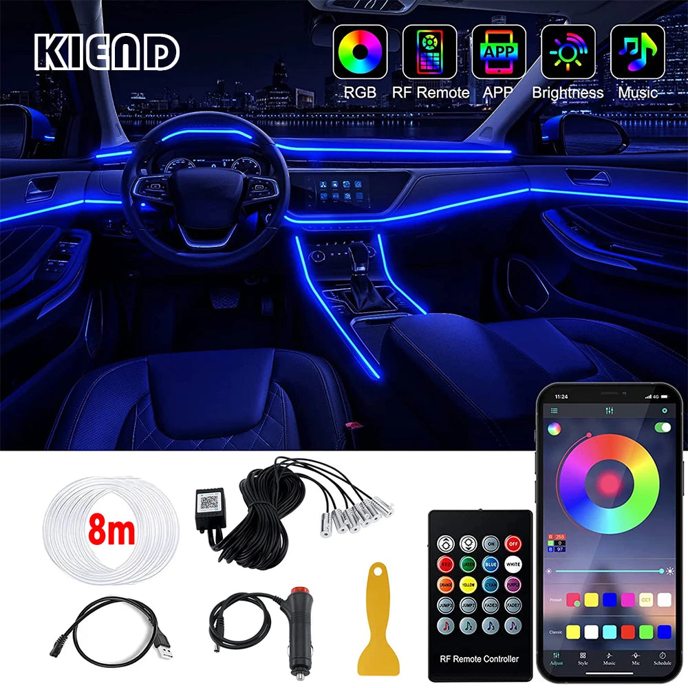 LED Car Interior Ambient Strip RGB Fiber Neon Lighting Kit