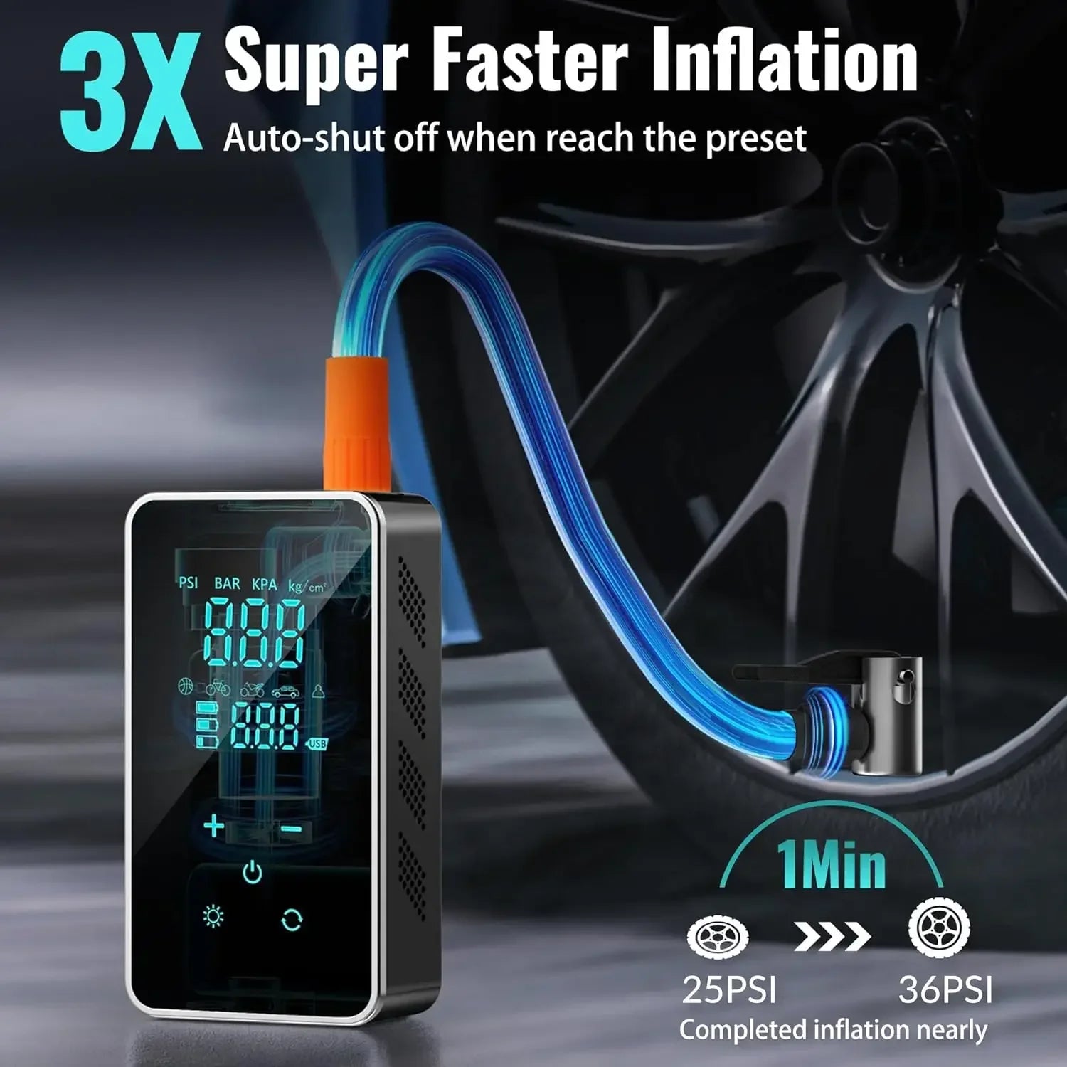 150PSI Portable Wireless Car Air Pump Mini Air Compressor with LED Light Quick Inflation Touch Screen Mini Car Tire Pump