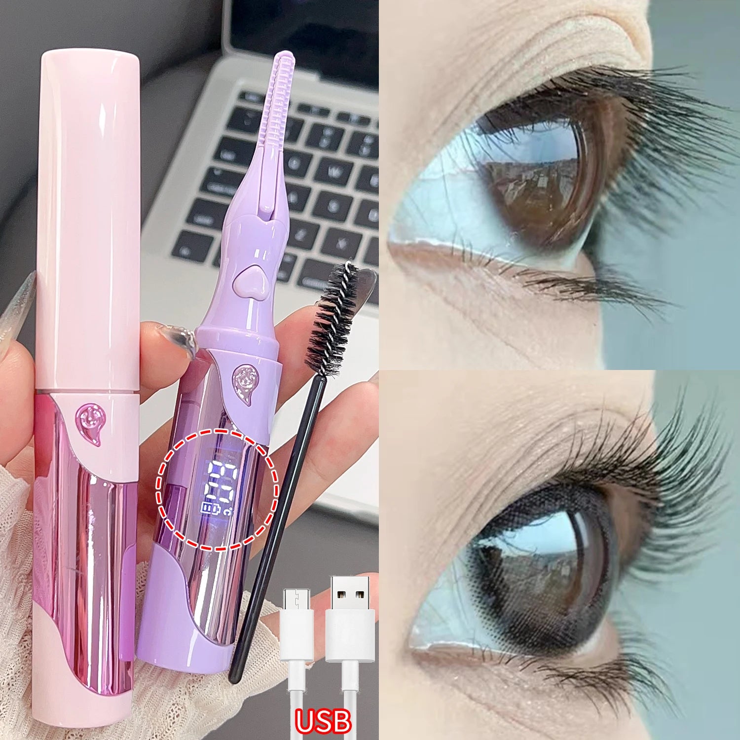 Electric Heated Portable Eyelash Curler USB Rechargeable Lashes Quick Lasting Curling Comb&Clip Dual Use Makeup Eyelash Curler