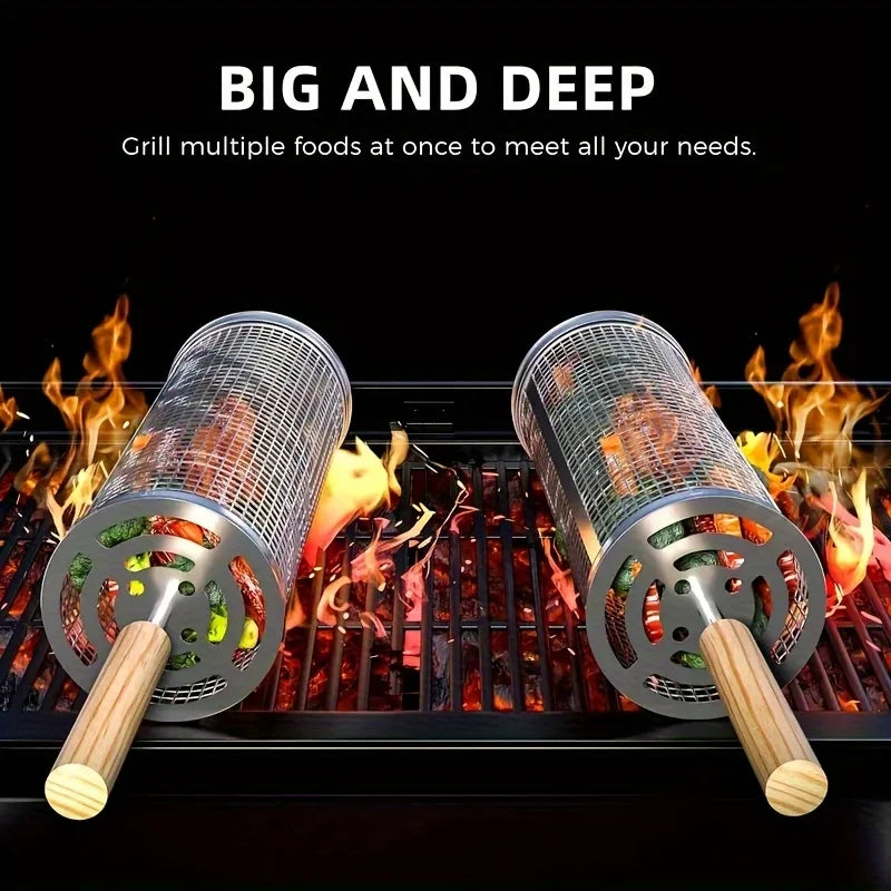 Stainless Steel BBQ Grill Cage Set with Wooden Handles, Heat-Resistant Design for Outdoor Cooking, Portable Barbecue Essentials