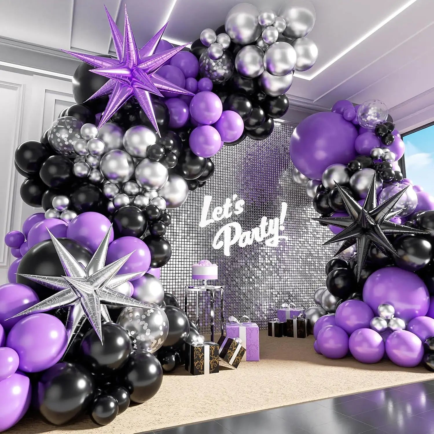 141pcs Purple, Black, Silver Balloon Garland Arch Kit for Birthday Backgrounds, Anniversaries, Indoor and Outdoor Decorations