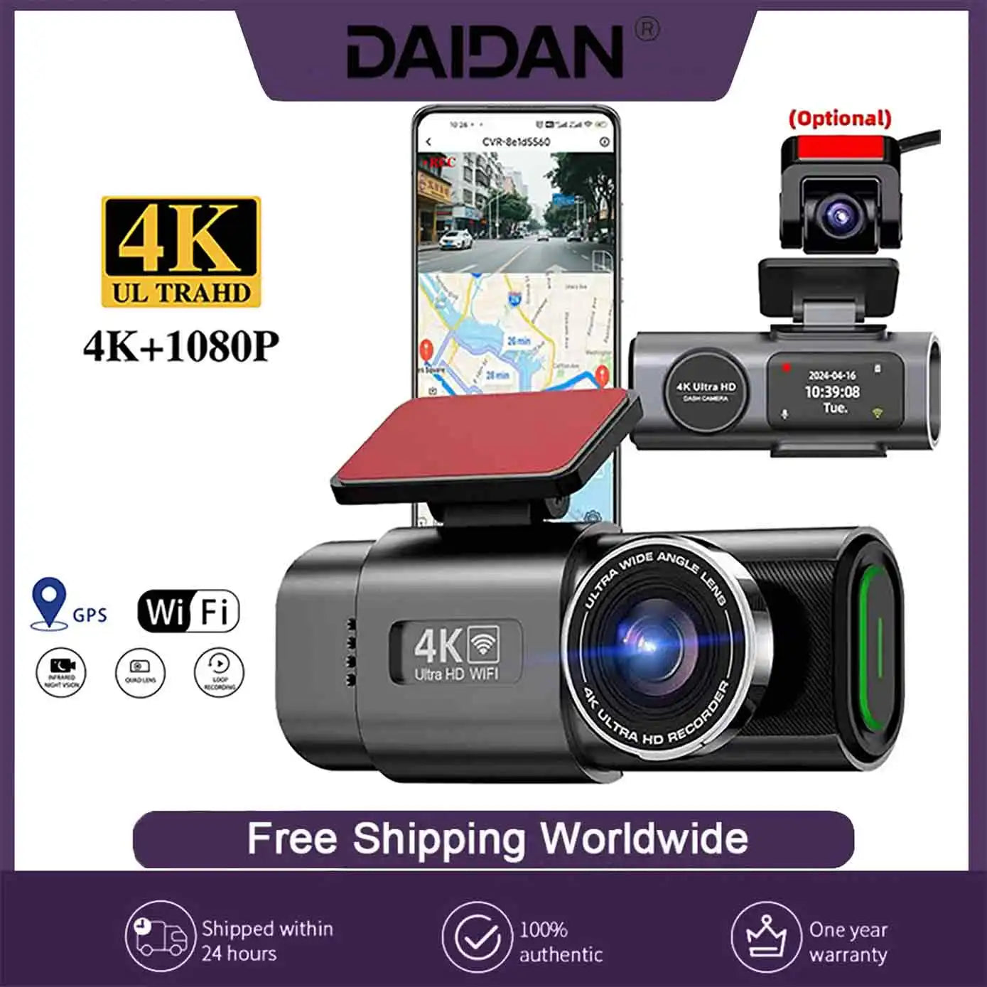 Dash Cam Dual Lens - DVR Night Vision Built-In Wi-Fi Support